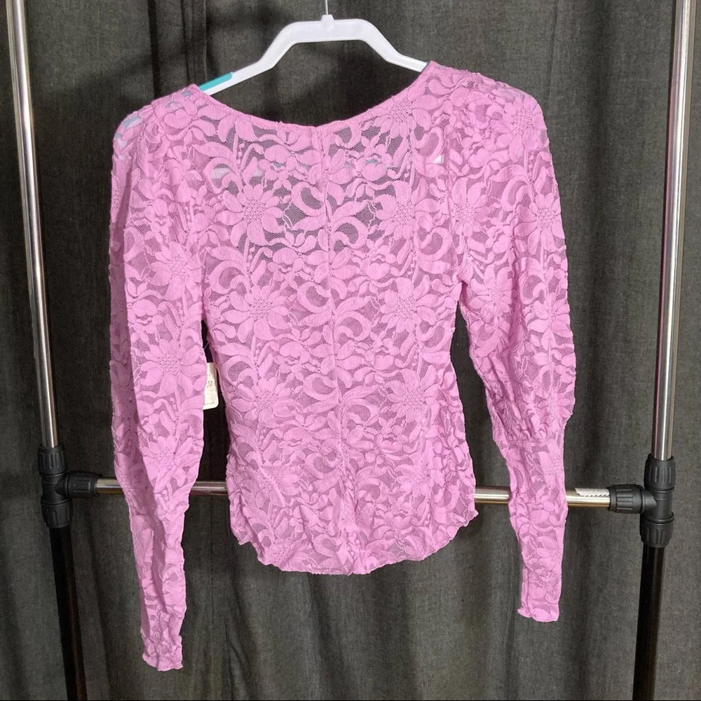 Revolve X Free People Long Distance Layering Long Sleeve Sheer Lace Top Pink NWT